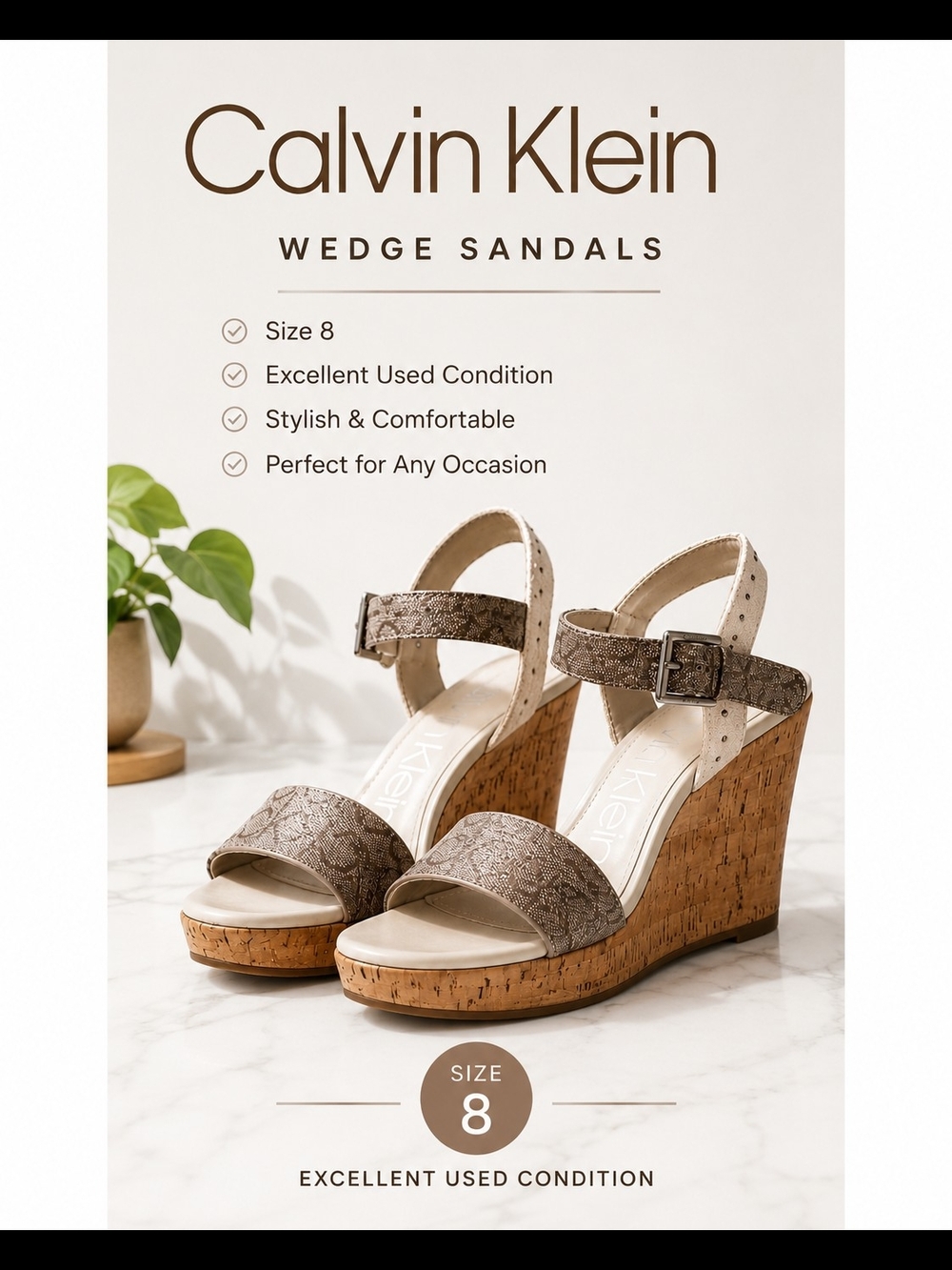 Calvin Klein Wedge Sandals Size 8 Beige Logo Strap Cork Heel EUC